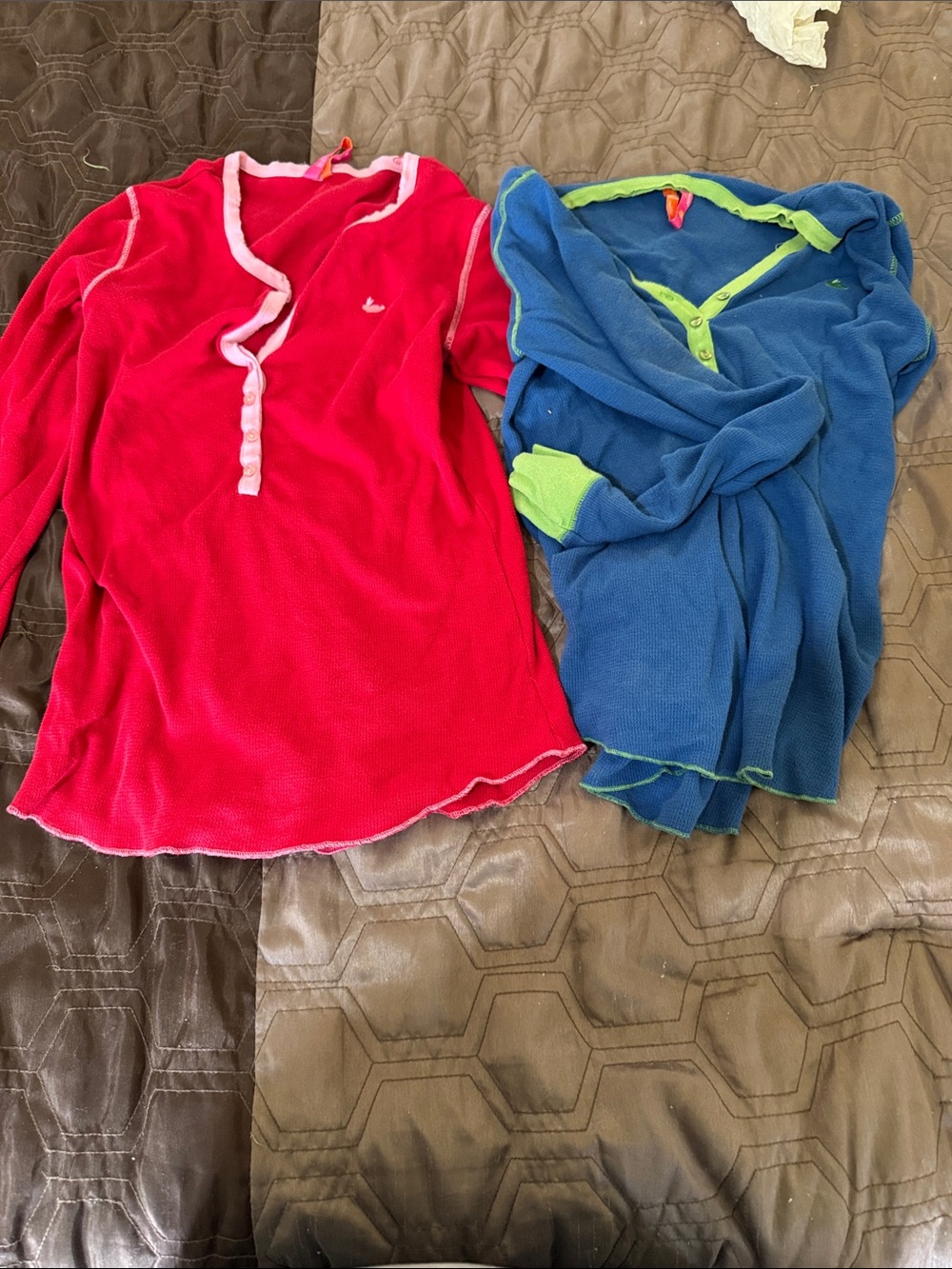 Women's Long Sleeve Waffle Henley pajama Tops - Red & Blue